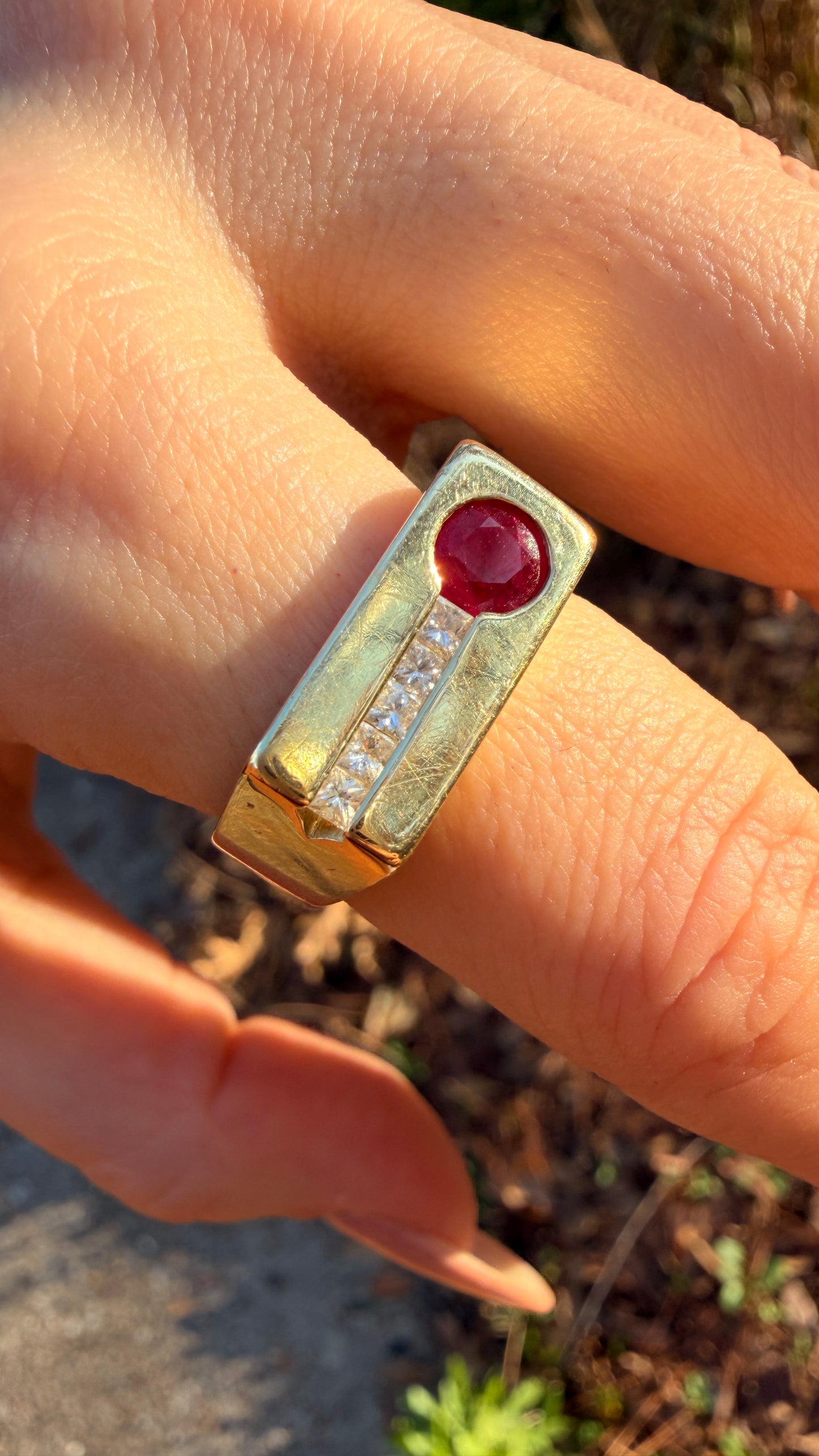 [PRIVATE] Vintage yellow 14K approx .55ctw natural ruby and .08ctw princess cut diamond rectangular face ring, size 7.75