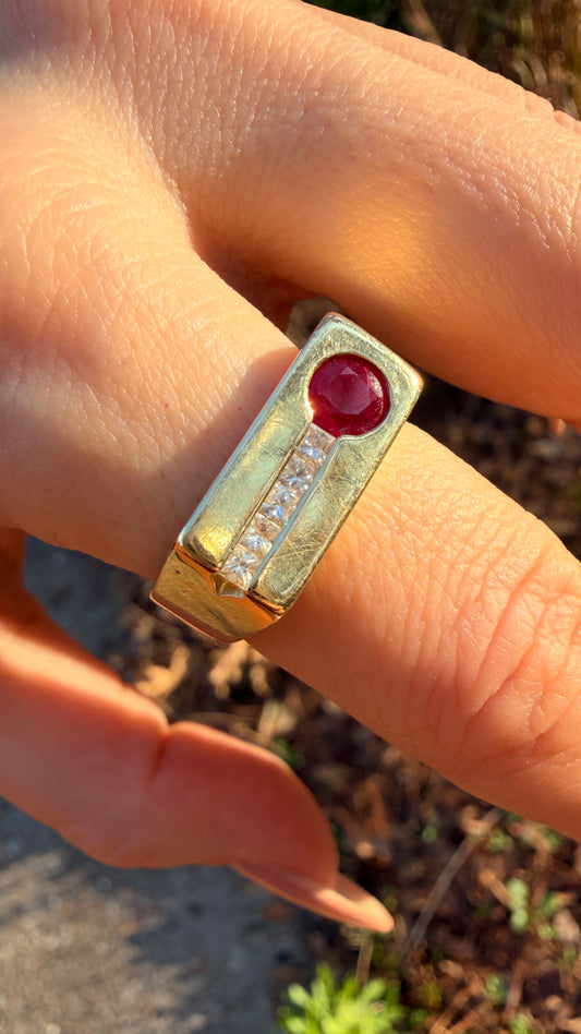 [PRIVATE] Vintage yellow 14K approx .55ctw natural ruby and .08ctw princess cut diamond rectangular face ring, size 7.75