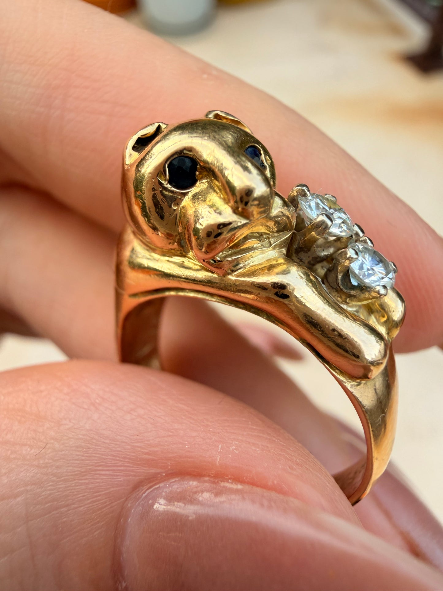Vintage yellow 18K cat with .29ctw diamonds and sapphire ring, size 8.5-8.75