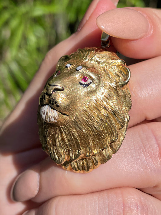Vintage yellow 18K Lion statement pendant with enamel and ruby eyes