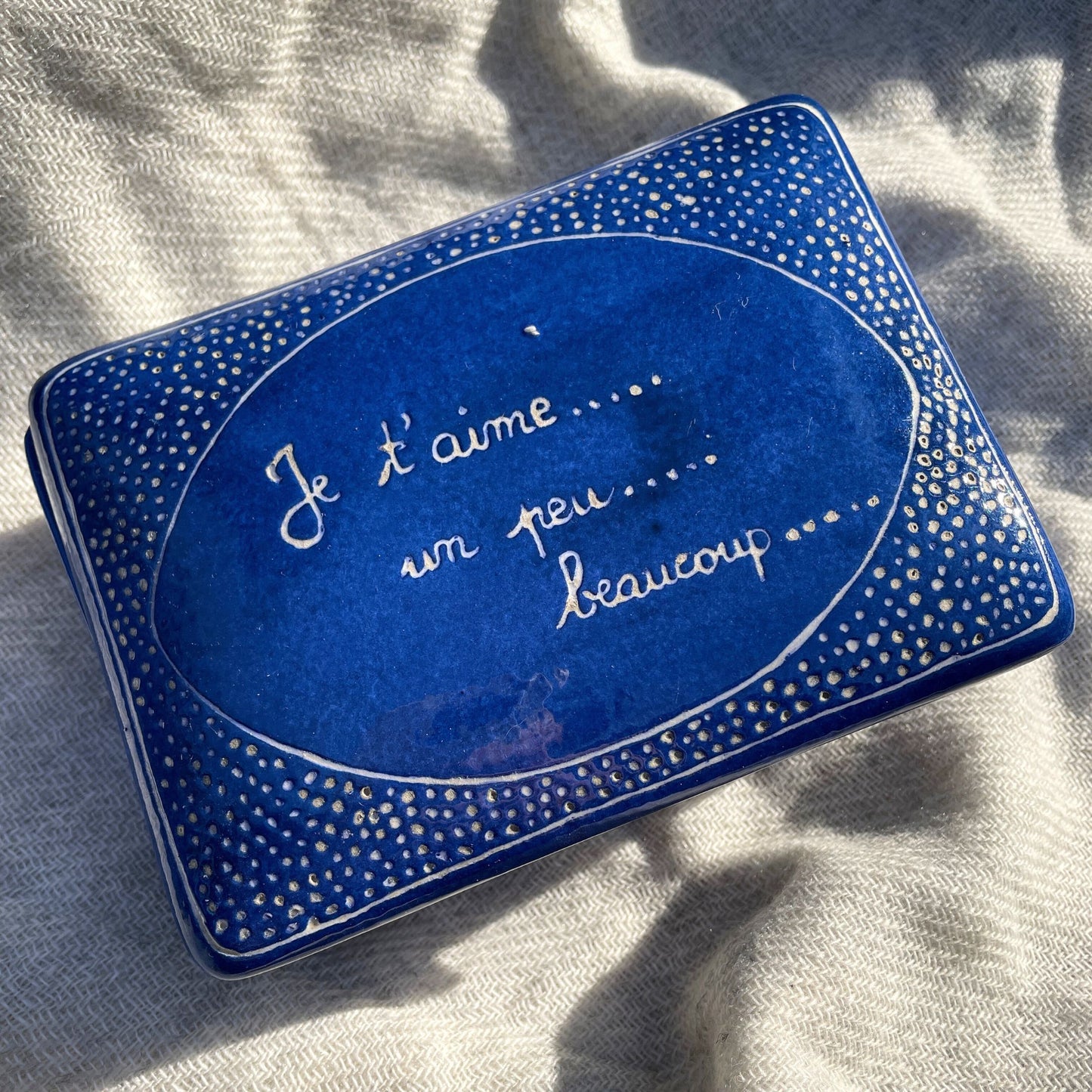 Vintage French "I love you" handmade ceramic covered box