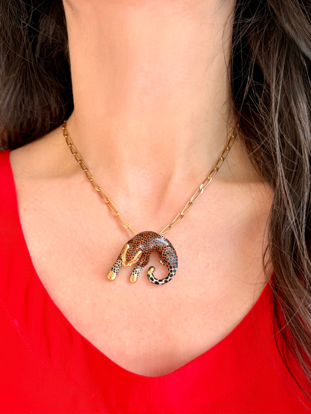 Vintage yellow 14K enamel leopard slider pendant