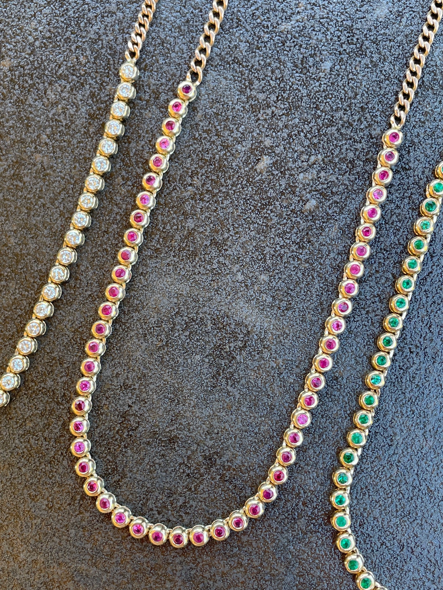 Original 3GOG yellow 14K gold approx 2 ctw pink sapphire bubble watch chain necklace, 18 inch long with 16.75 inch clasping option