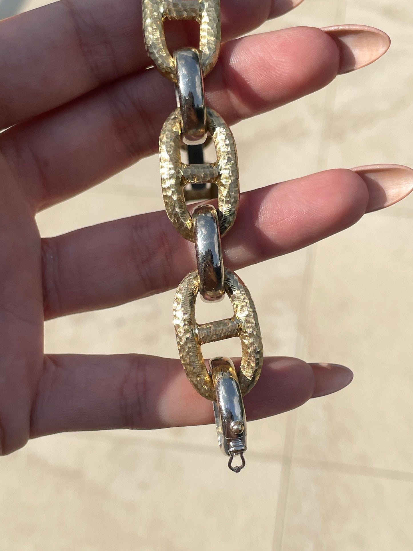 Vintage two tone 14K gold wide mariner bracelet, 8 inch