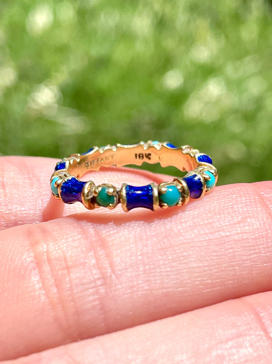 Vintage yellow 18K Tiffany blue enamel and turquoise eternity band, size 5.75