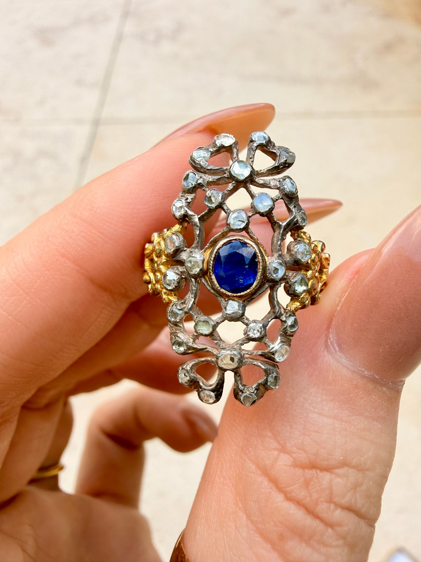 Antique yellow 18K gold ring with approx .48ctw rose cut diamond and .42 ctw sapphire, size 7
