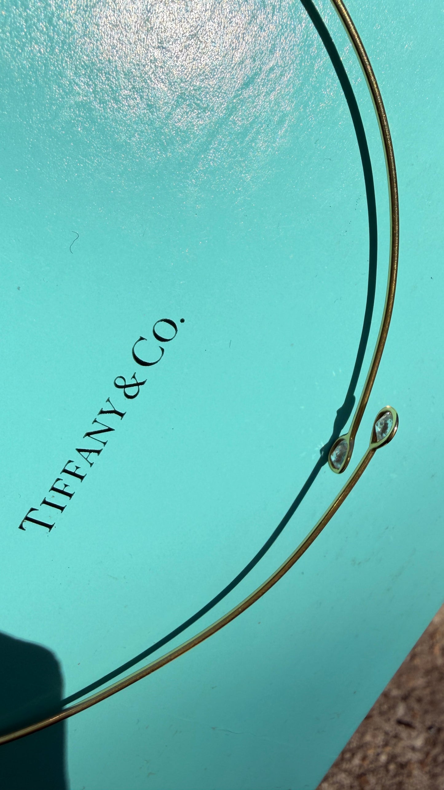 Vintage yellow 18K Tiffany and Co Elsa Peretti wire collar necklace with pear cut bezel set diamonds