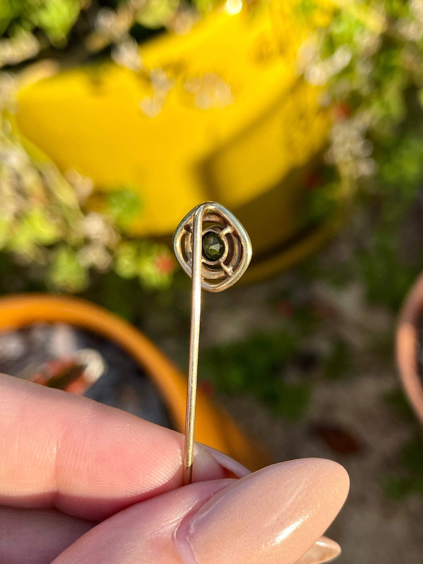 Antique yellow 14K green tourmaline 0.25 ctw stickpin or charm