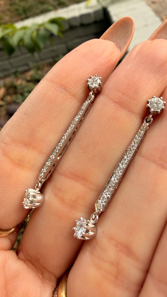 Vintage white 14K approx .92ctw diamond bar post earrings