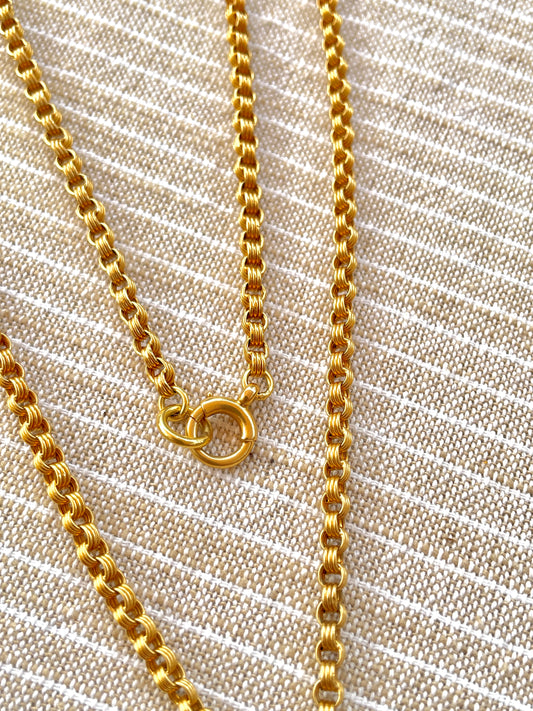 Antique yellow 18K double rolo link watch chain with dog clip and bolt clasp, 23.5 inch