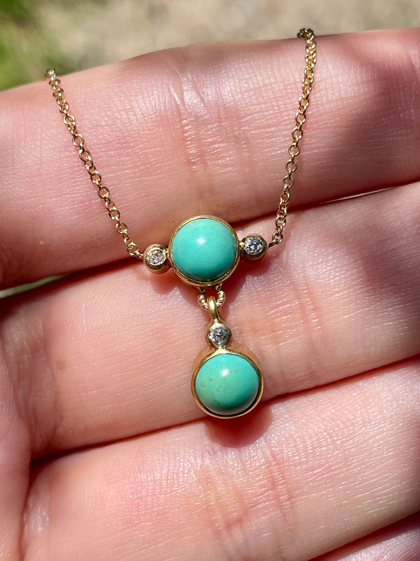 Vintage yellow 14K approx .054 diamond and turquoise bezel set drop necklace, 17.25 inch