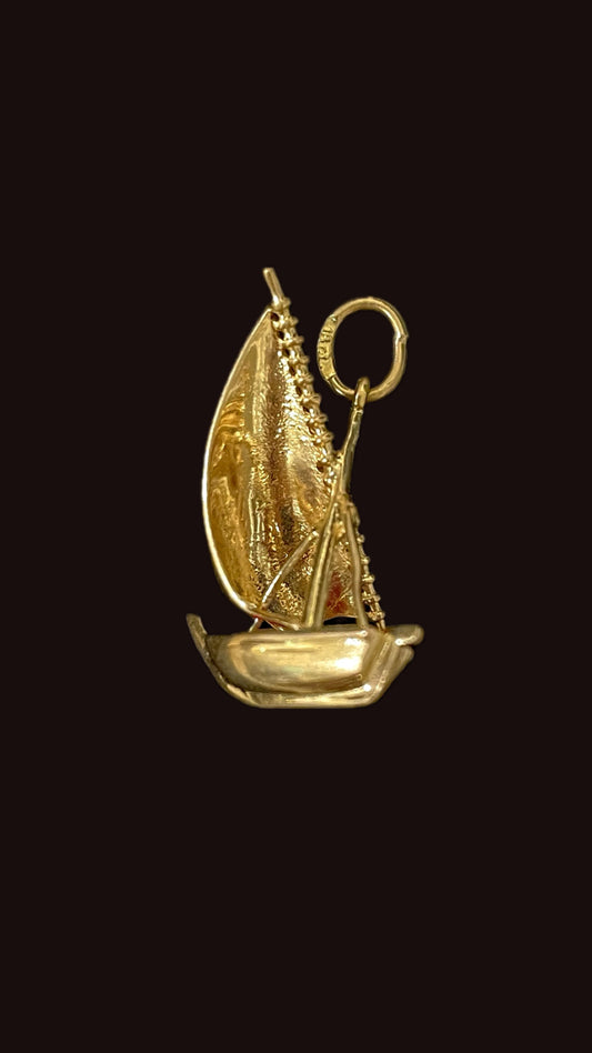 Vintage yellow 14K 3D sailboat with red enamel charm