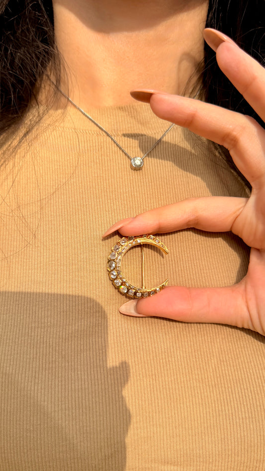 Antique yellow 18K crescent brooch with 2.6ctw of diamonds