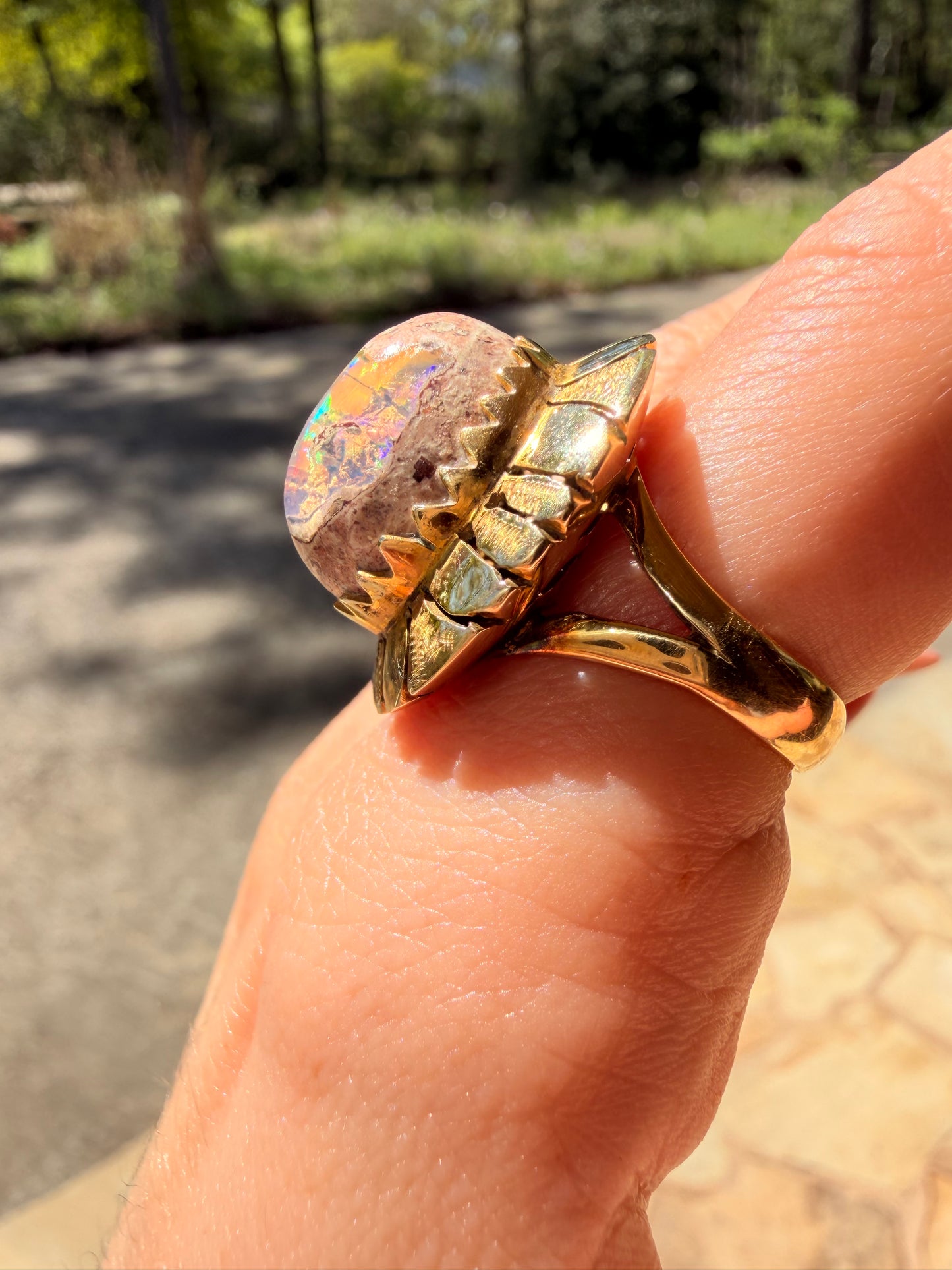 Vintage yellow 18K Boulder opal statement ring, size 7-7.25