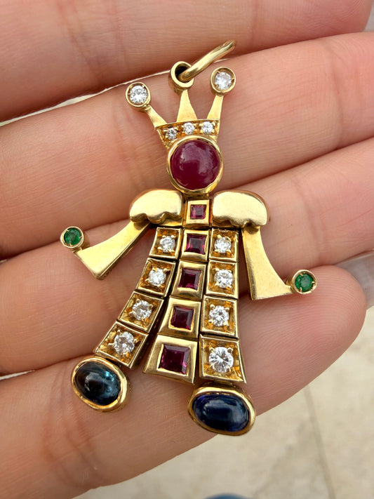 Vintage yellow 18K articulated jester pendant with over 3.1 ctw natural gemstones