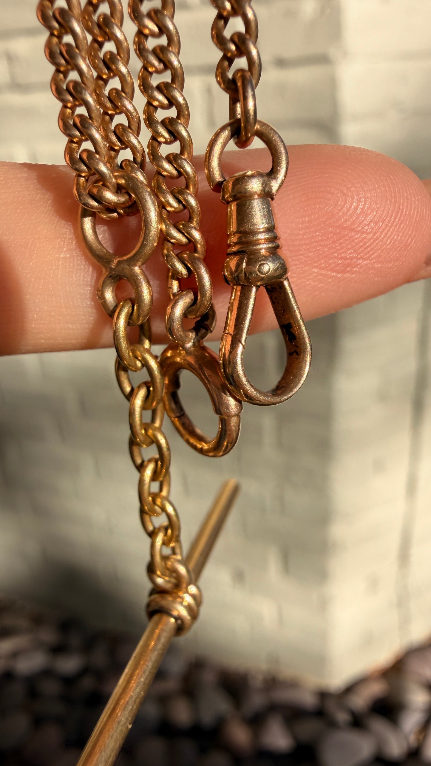 Antique yellow 14K round curb watch chain, 17.75 inch with movable T bar dangle