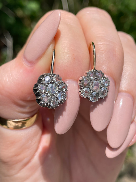 Antique yellow 14K approx 1.5 ctw old mine diamond cluster earrings