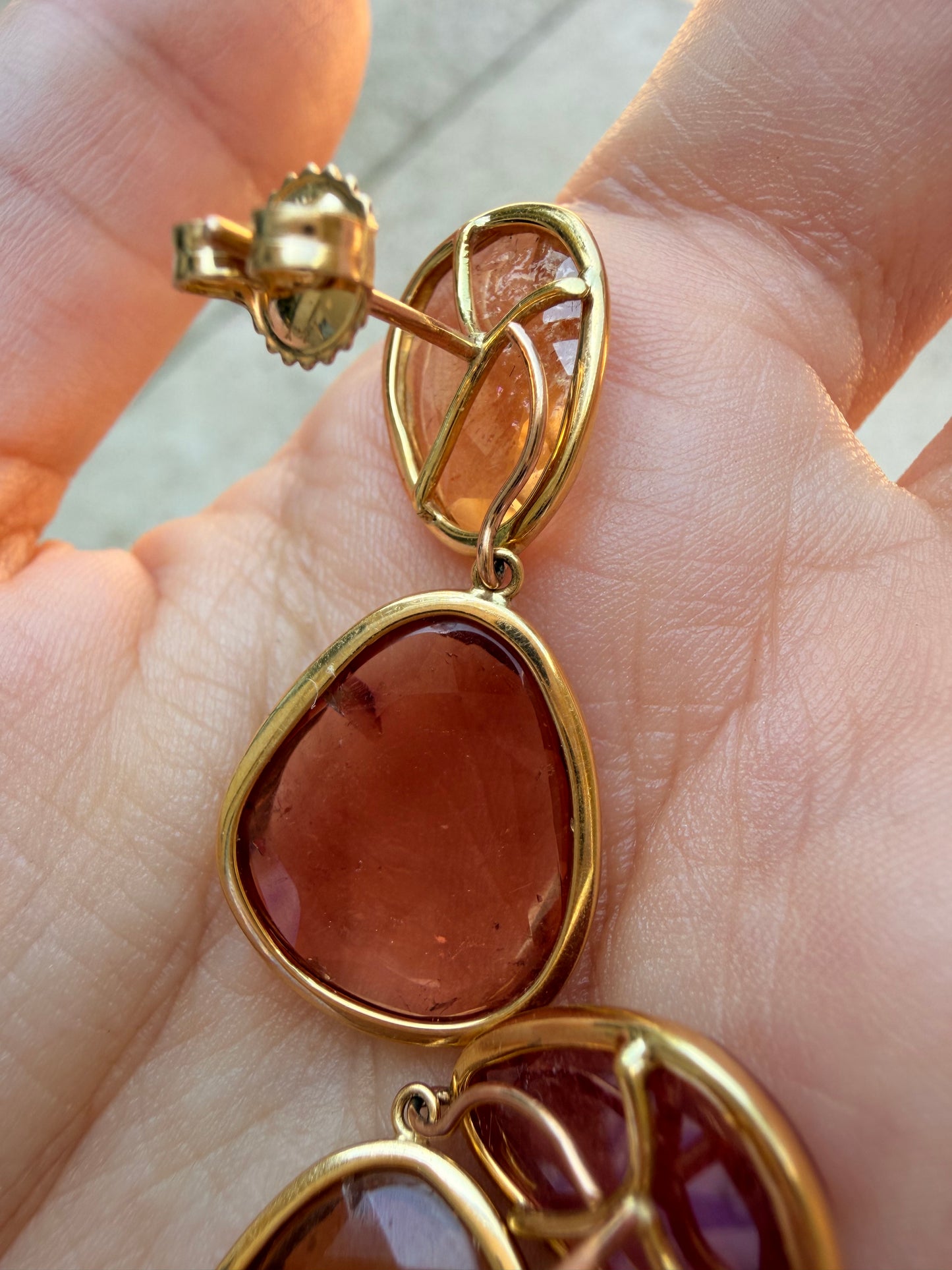 Vintage yellow 14K peach and pink tourmaline convertible drop earrings