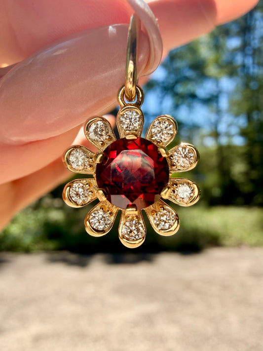 3GOG Natural Red Garnet Garden Party Flower Pendant 14K