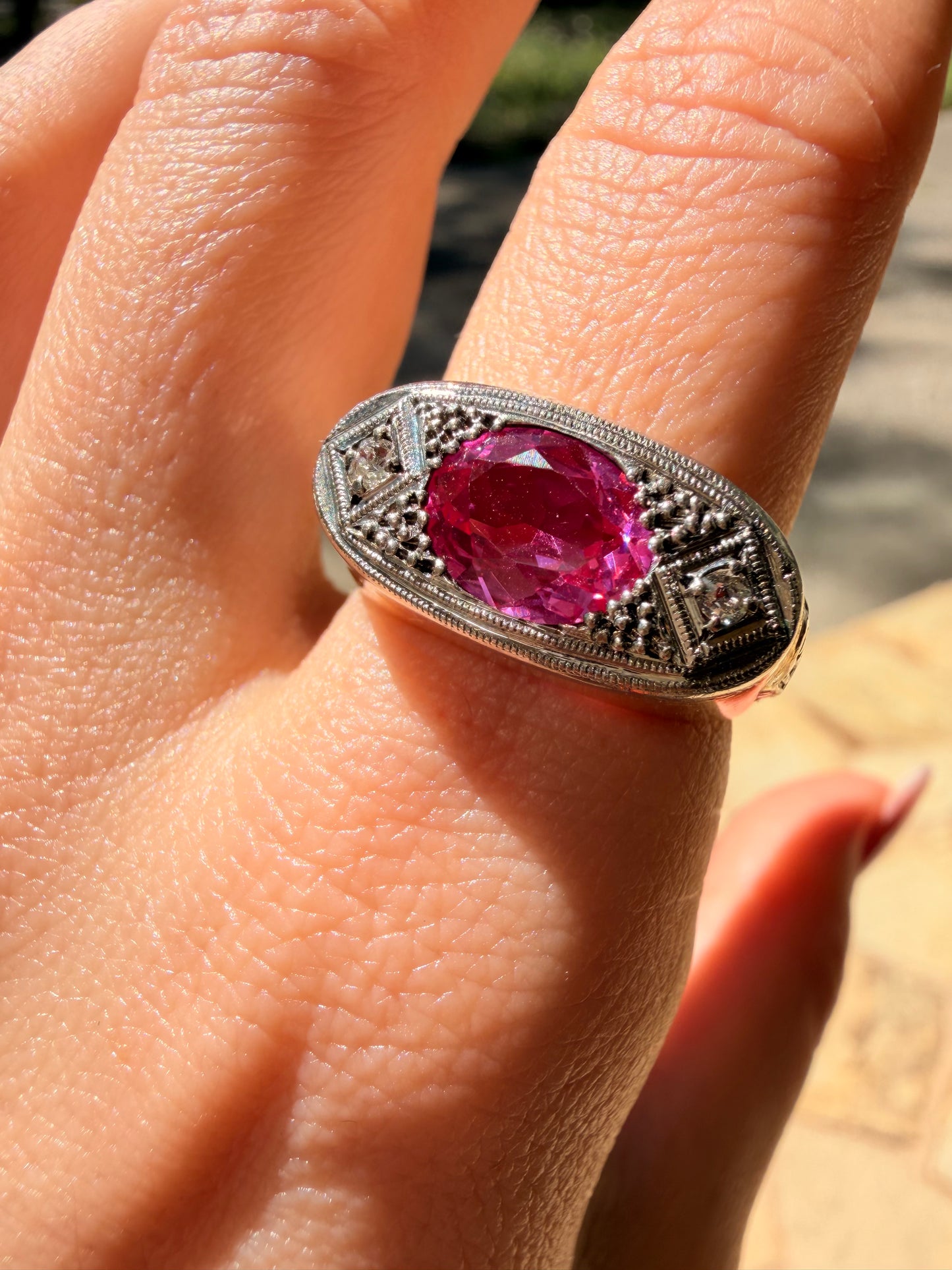 Vintage 10K pink sapphire ring with diamonds