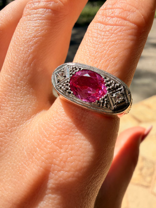 Vintage 10K pink sapphire ring with diamonds