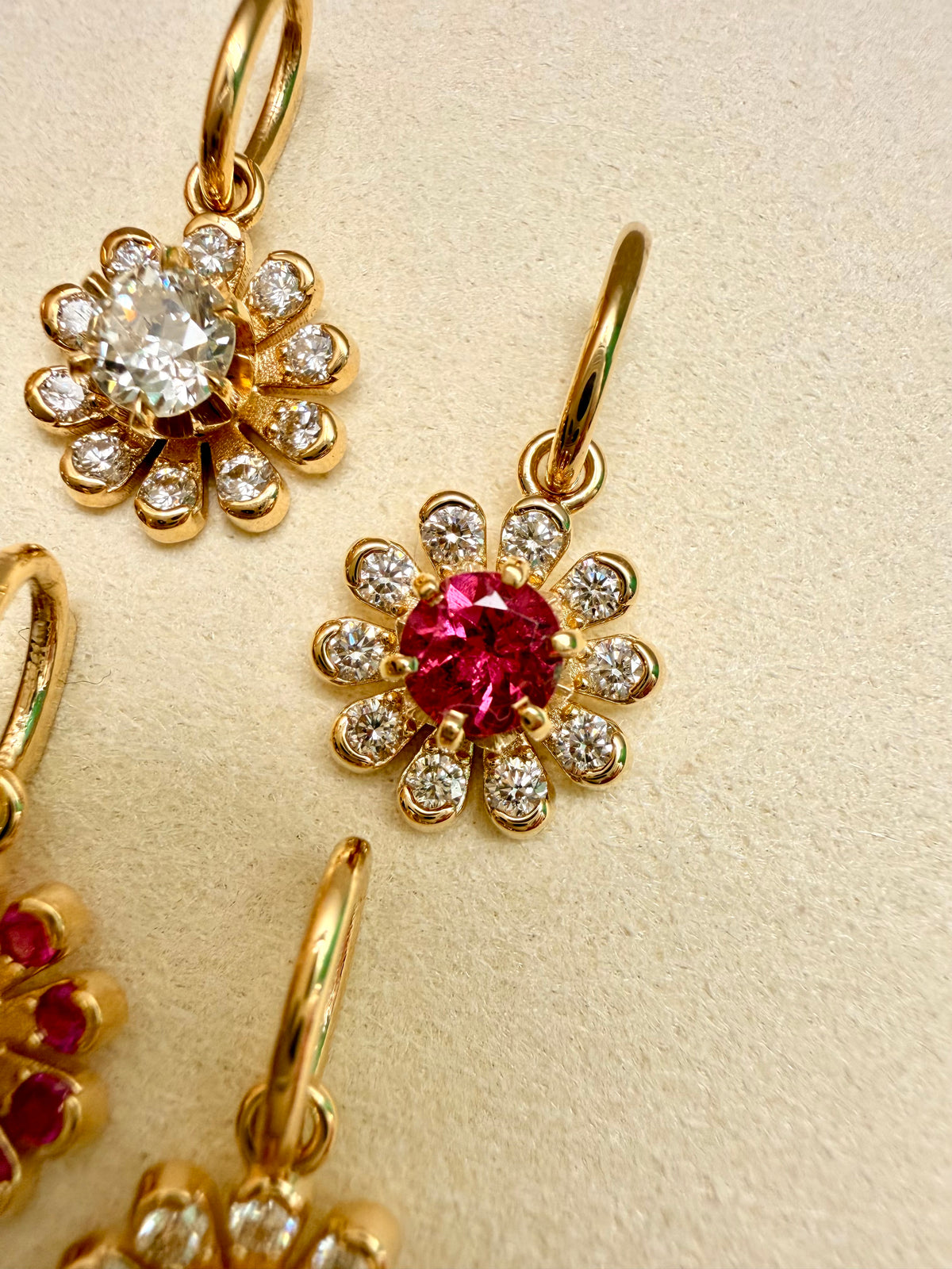3GOG Natural Rubellite Tourmaline and Diamond Garden Party Flower Pendant 18K