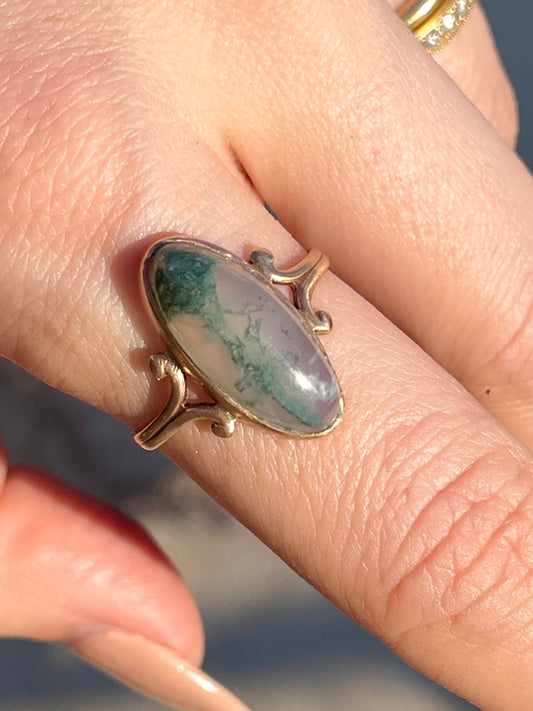 Antique rosy yellow 14K most agate bezel set ring, size 9.25