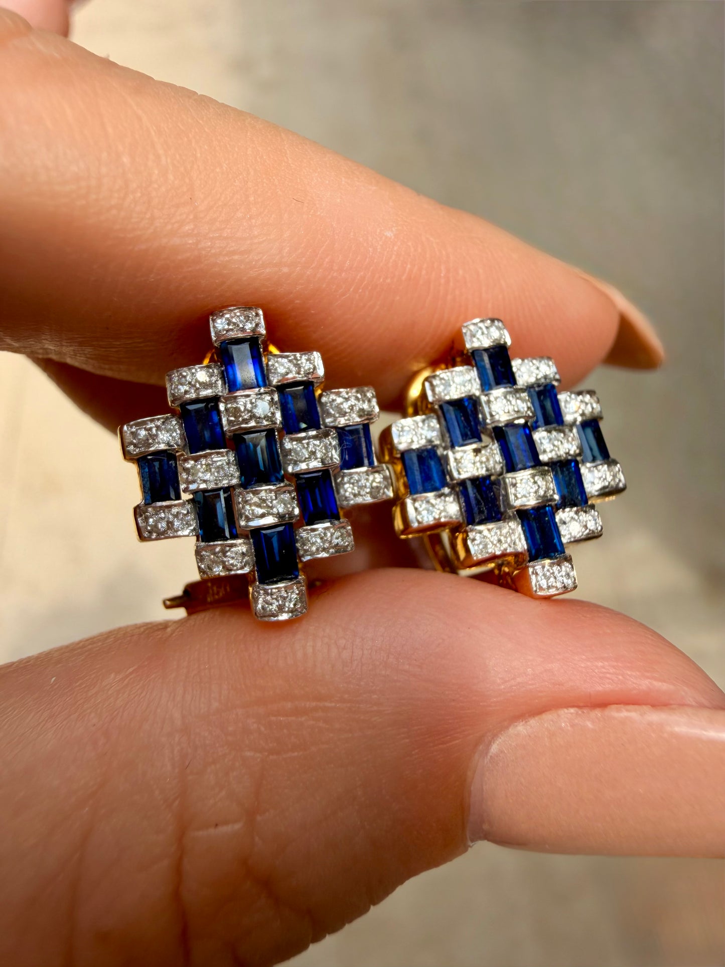 Vintage 18K sapphire and diamond checkerboard convertible omega back earrings