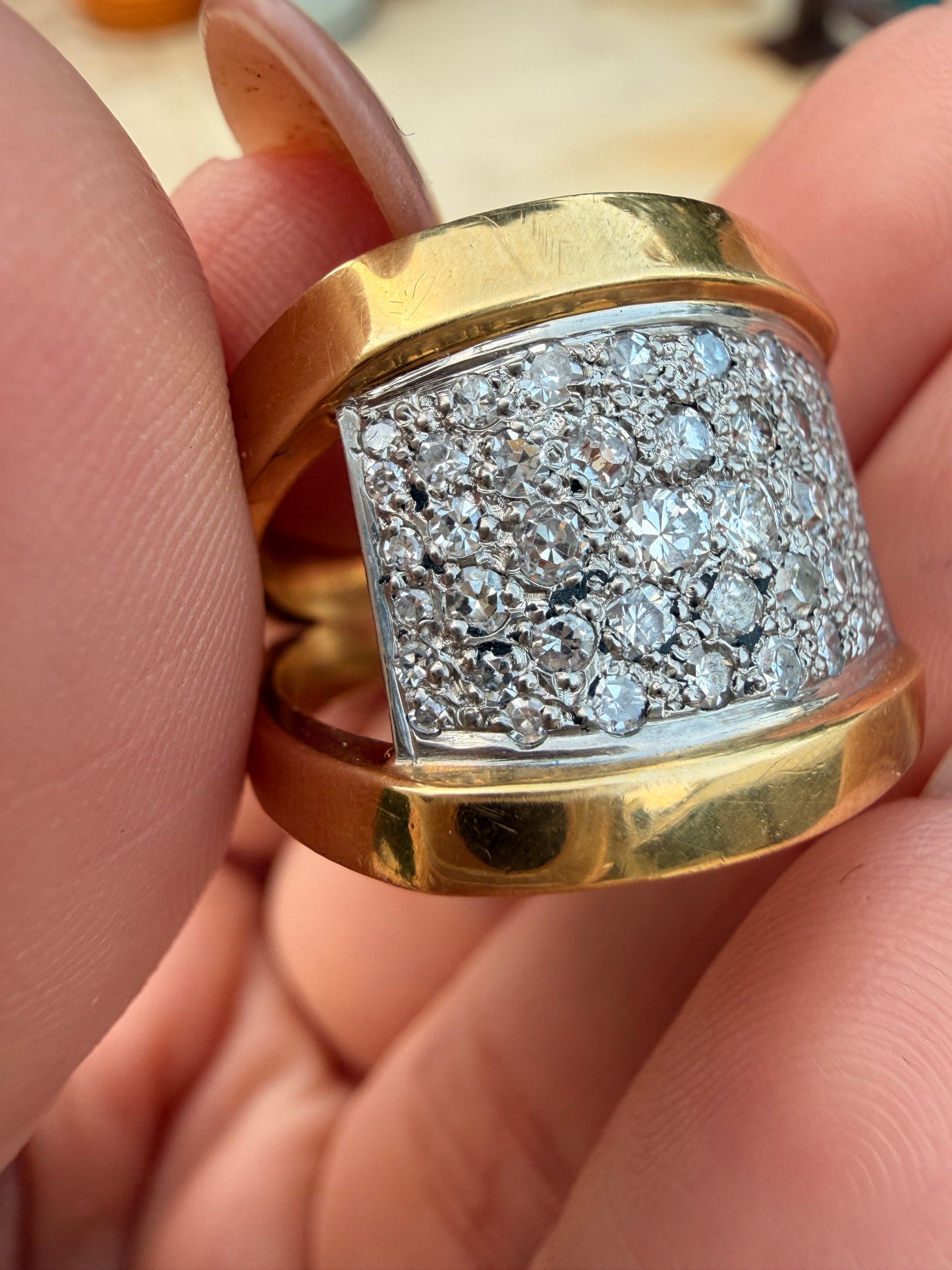 Vintage yellow and white 18K approx .5ctw diamond angled ring, size 7-7.25