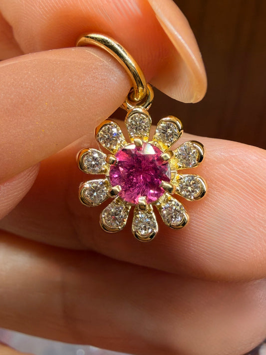 3GOG Natural Rubellite Tourmaline and Diamond Garden Party Flower Pendant 18K