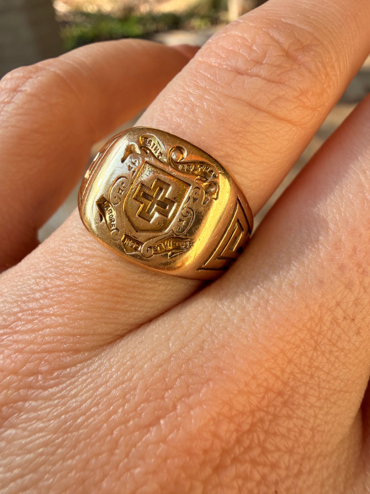Vintage yellow 14K gold Tiffany & Co Maltese Cross and Shield Saint Agatha signet ring, size 6.75