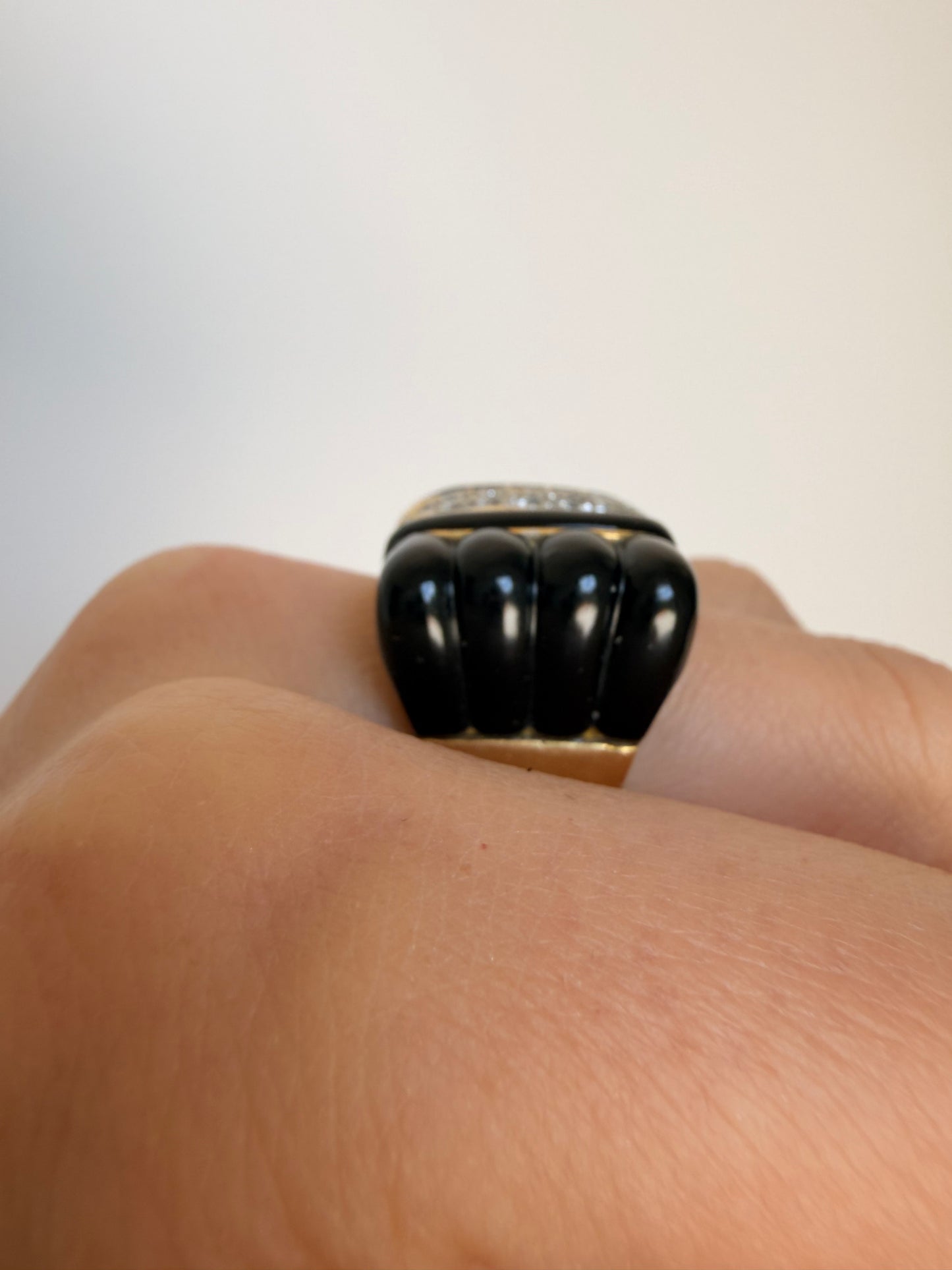 Vintage yellow 18K gold circa 1970s onyx and .23 ctw diamond statement ring, size 6.5