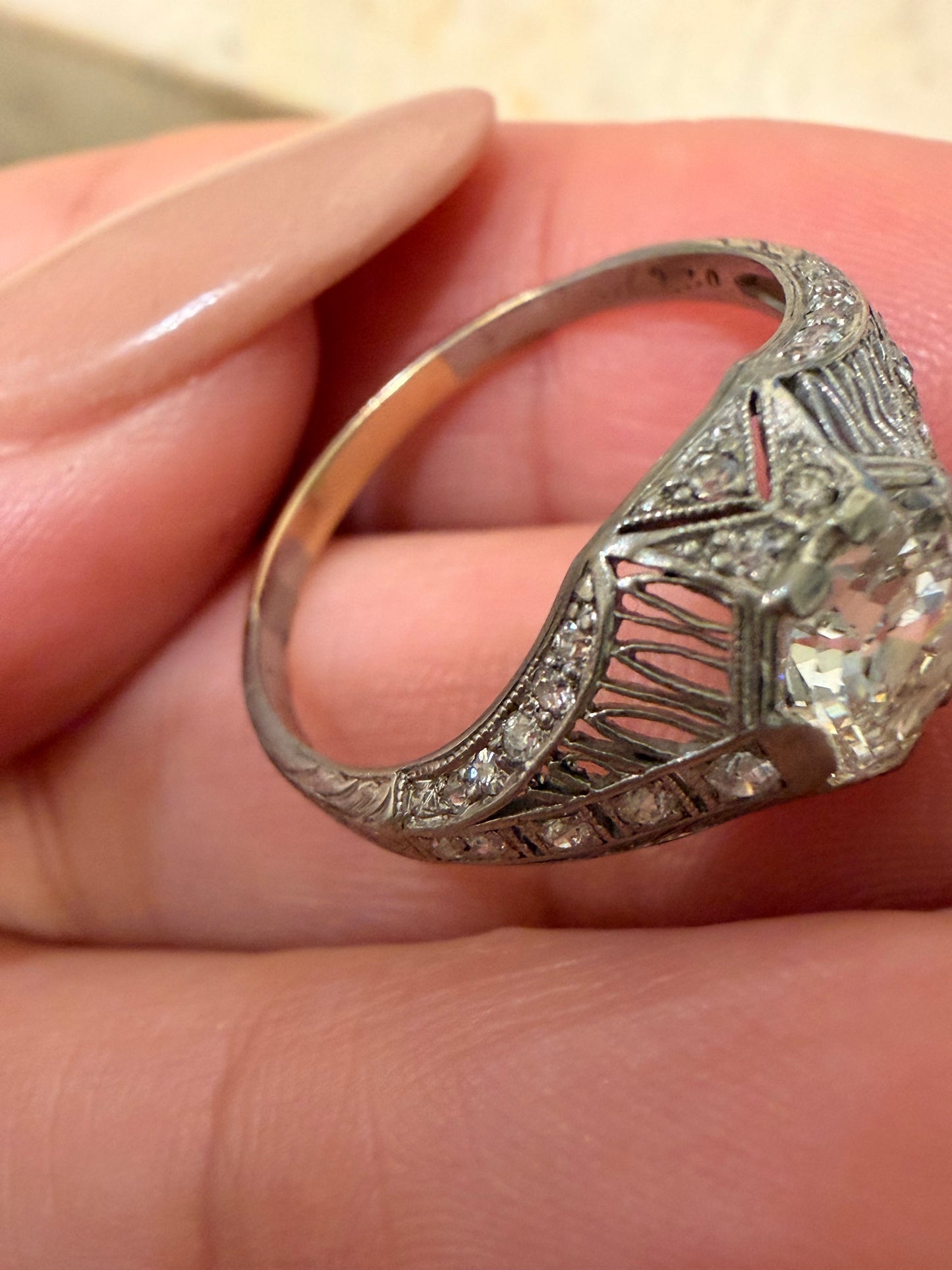Antique platinum approx 1.5ctw octagonal diamond ring, size 8-8.25