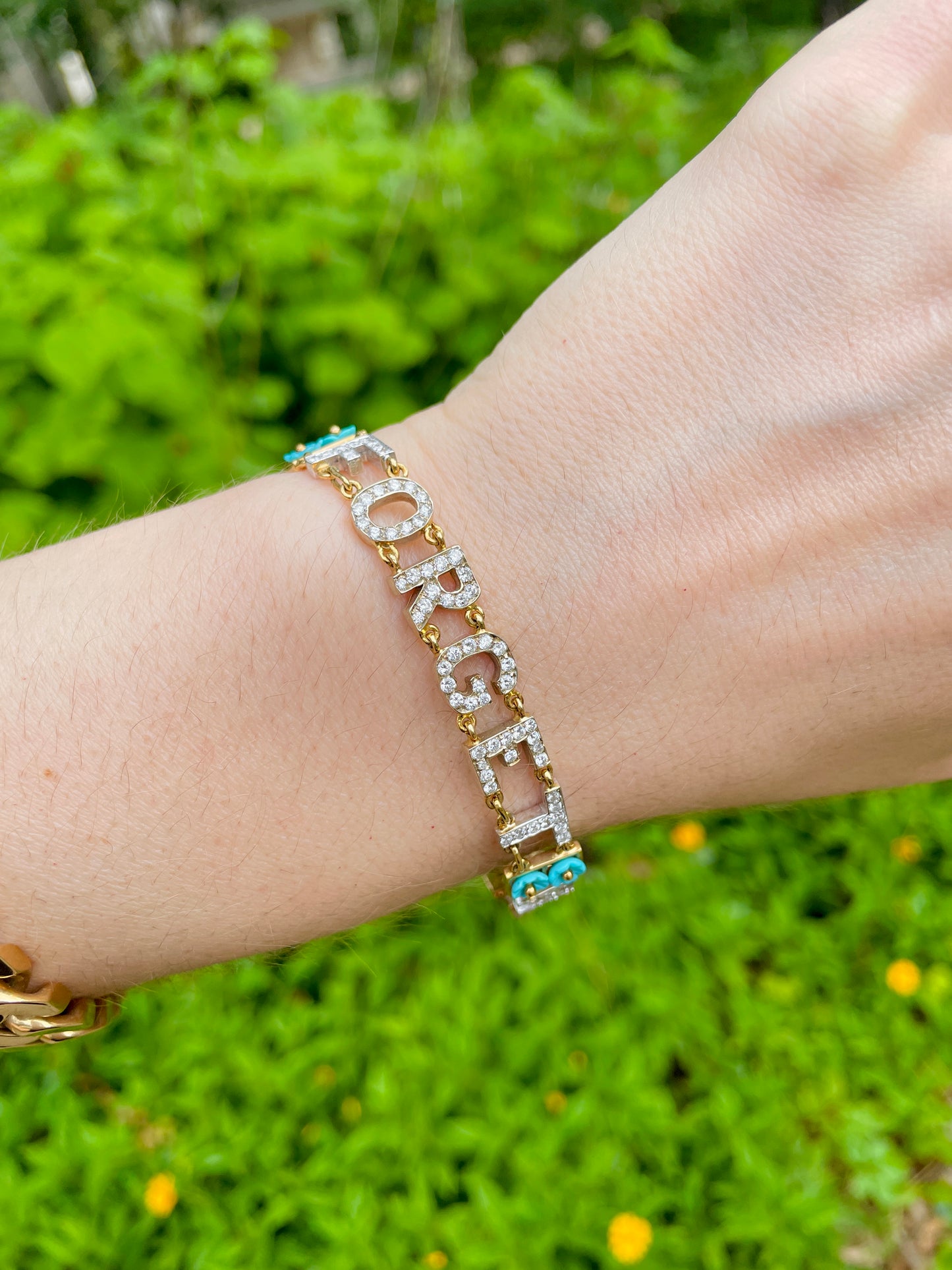 Vintage Yellow 18K turquoise and diamond Forget Me Not bracelet