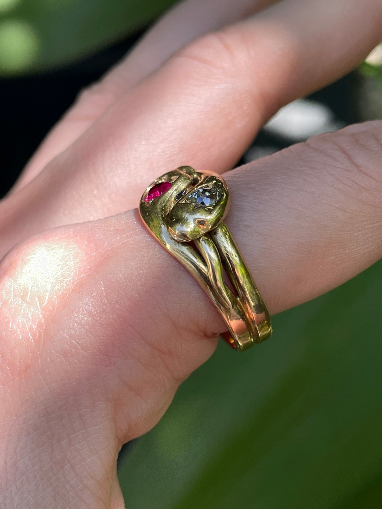 Antique Victorian yellow 18K pair of snakes ring with .25 ctw old mine cut diamond and .35 ctw ruby, size 11