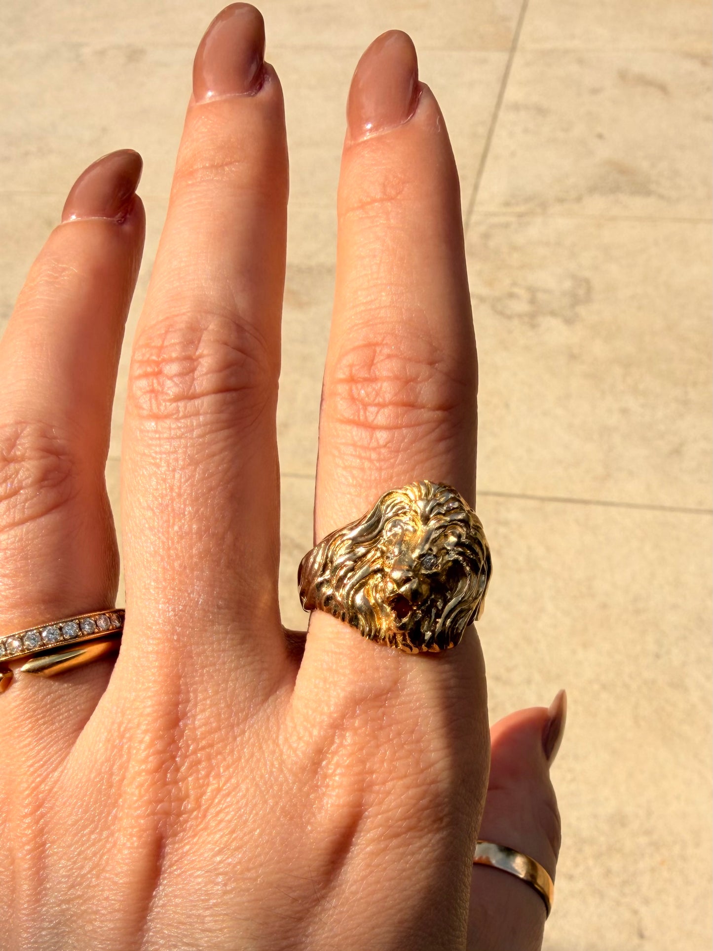 Vintage yellow 14K diamond lion ring, size 9