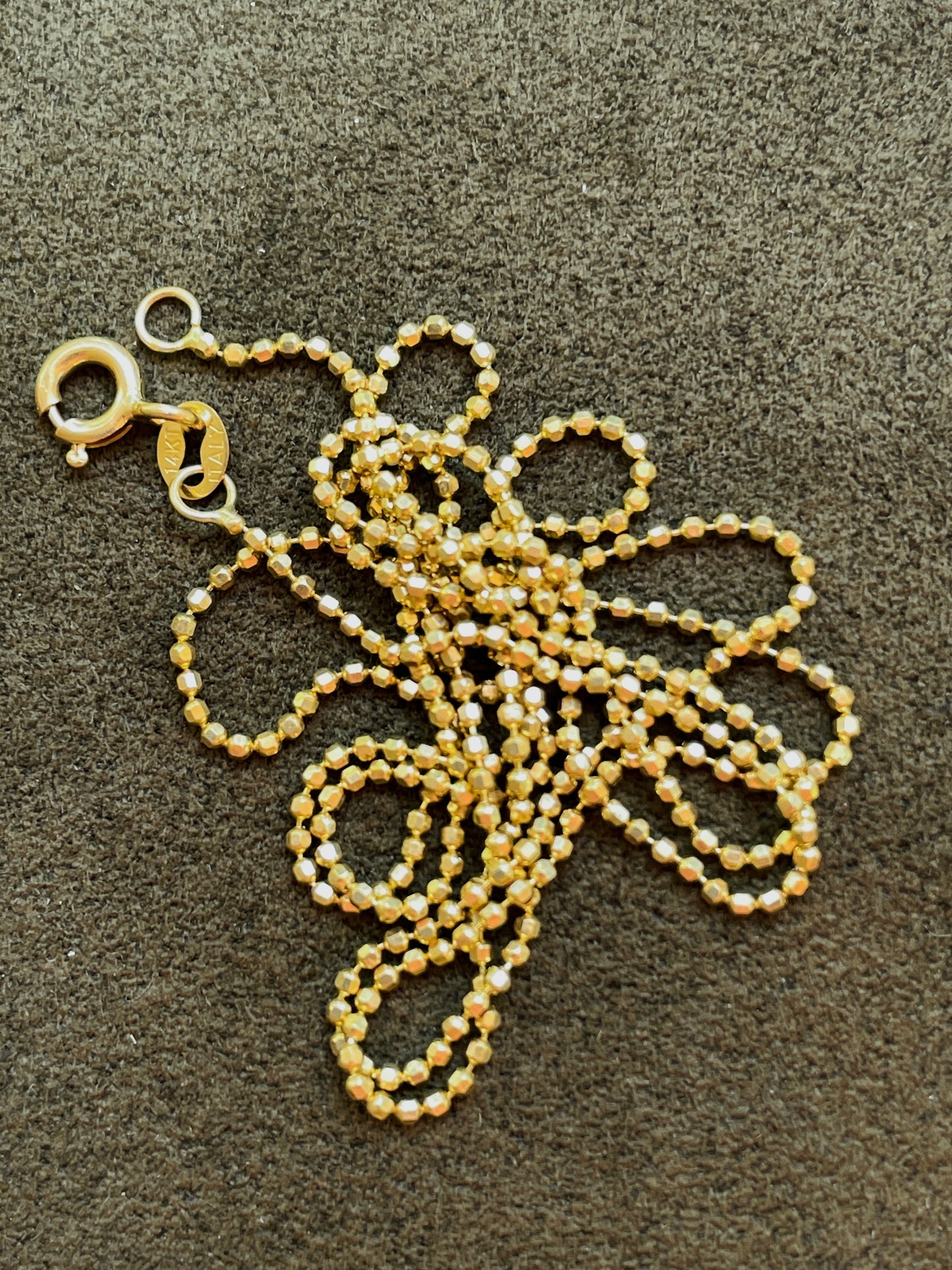 Vintage yellow 14K faceted mini ball link chain, 22 inch
