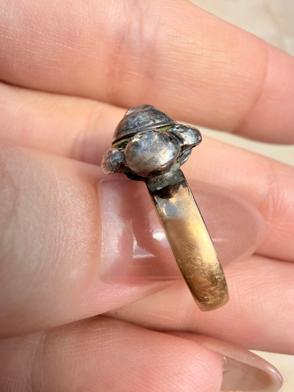 Antique early 1800s 14K and silver table cut and old cut diamond ring, size 5.25