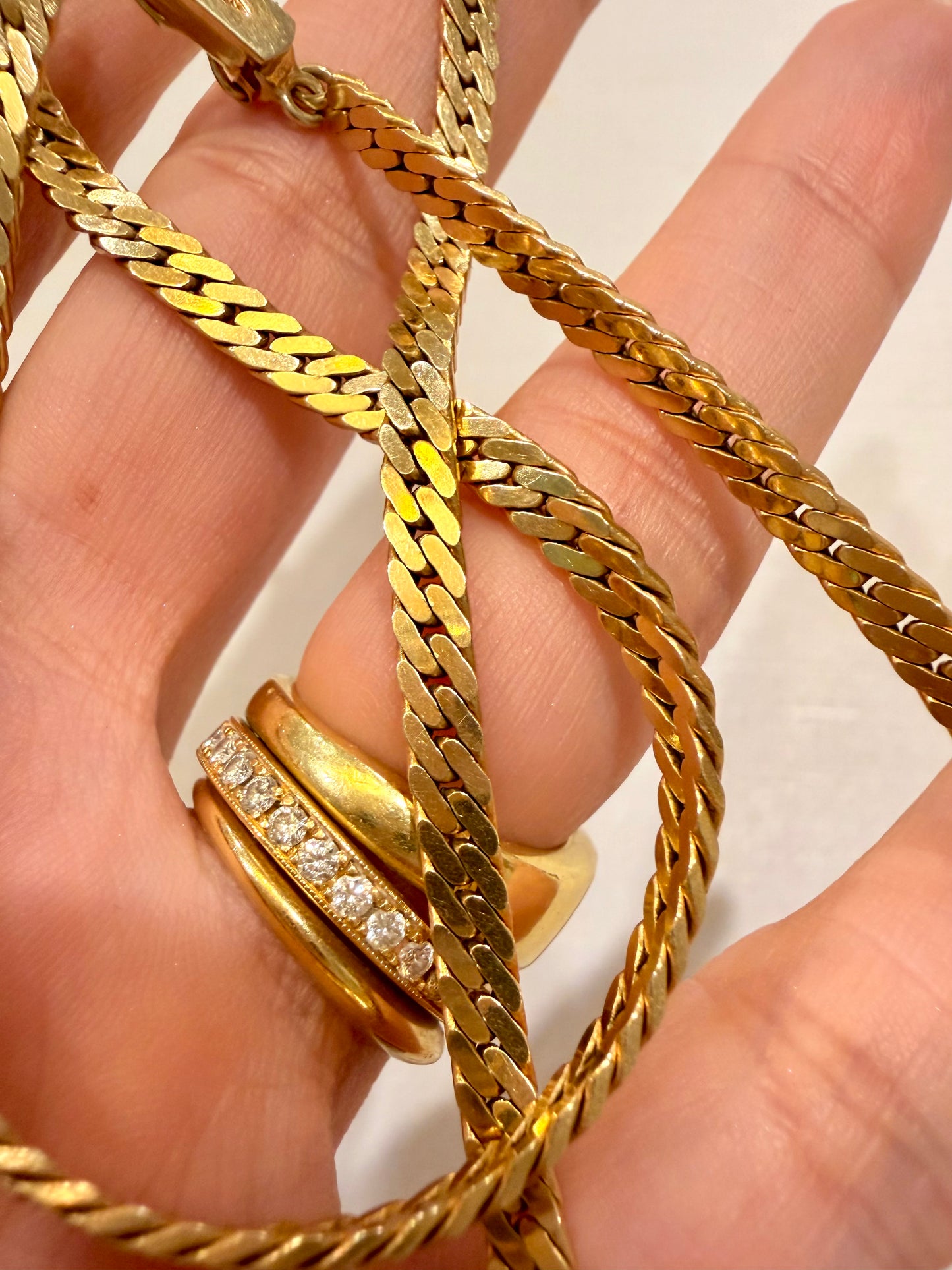 Vintage yellow 14K gold tight flat thick curb chain with box clasp, 17.5 inch