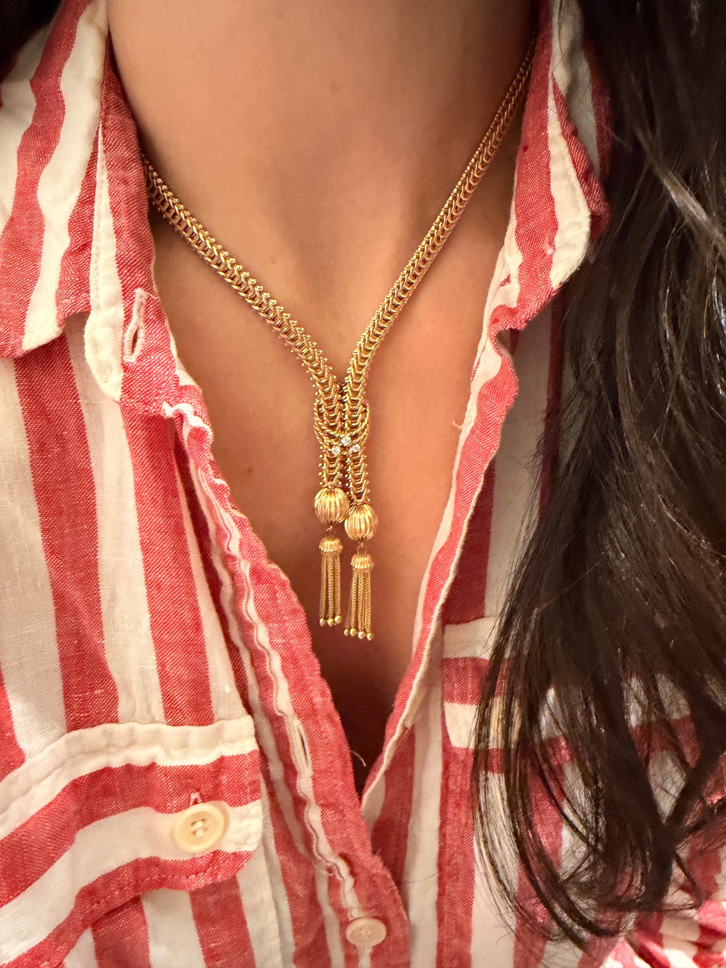 Vintage circa 1950s yellow 14K gold and diamond lariat tassel necklace