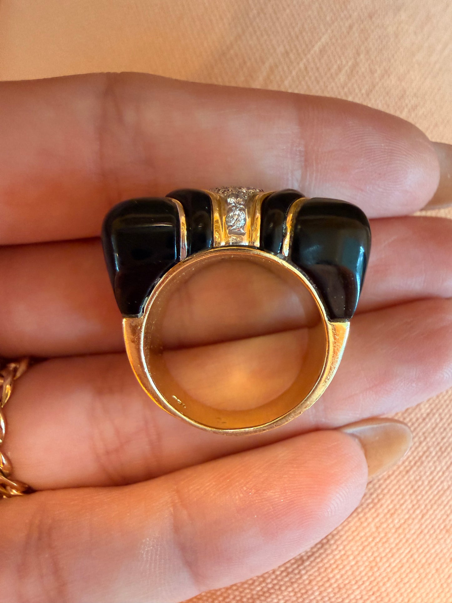 Vintage yellow 18K gold circa 1970s onyx and .23 ctw diamond statement ring, size 6.5