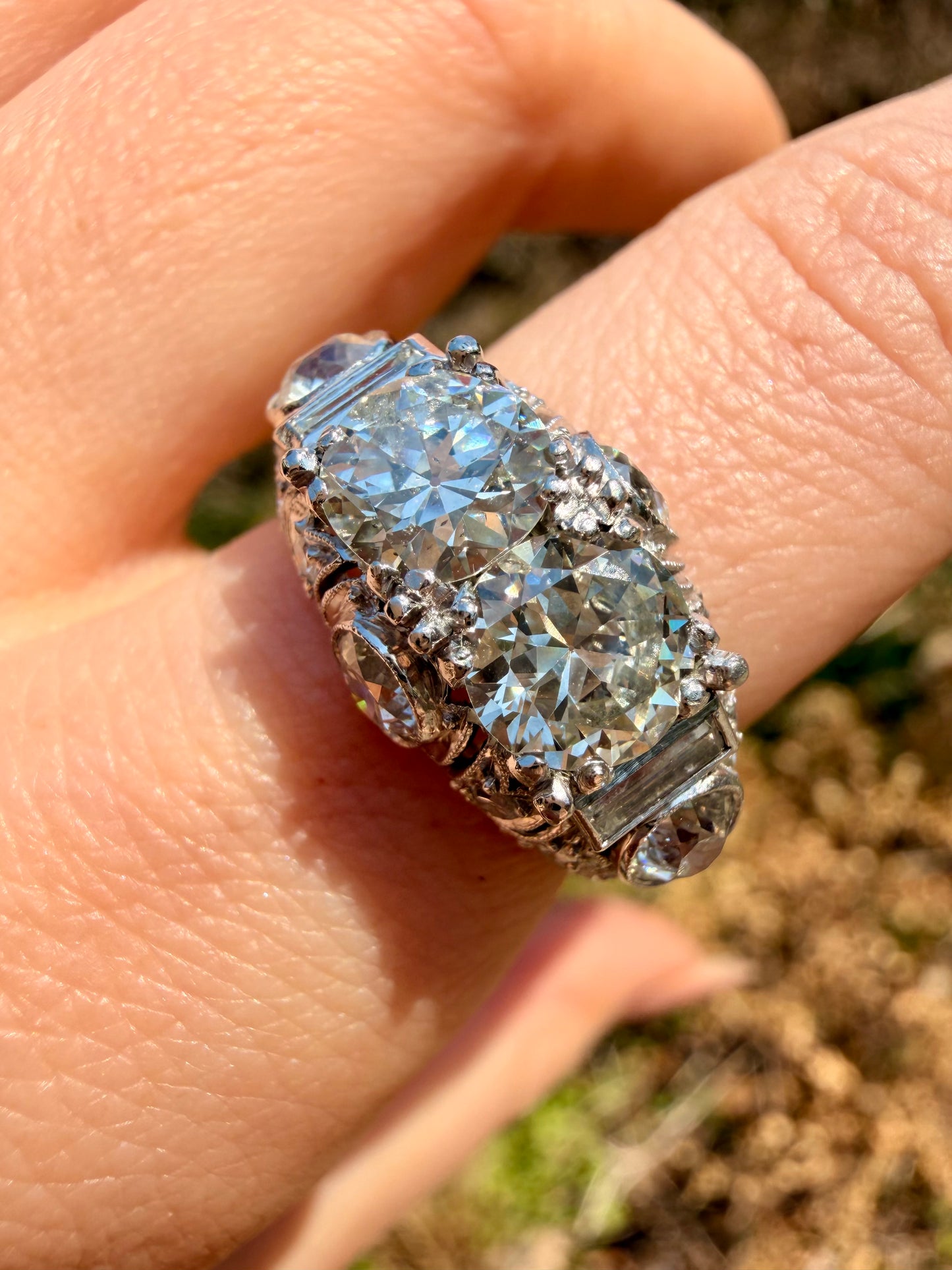 Vintage 1930/40s platinum domed ring with 3.7ctw old euro cut and old cut diamonds, size 7