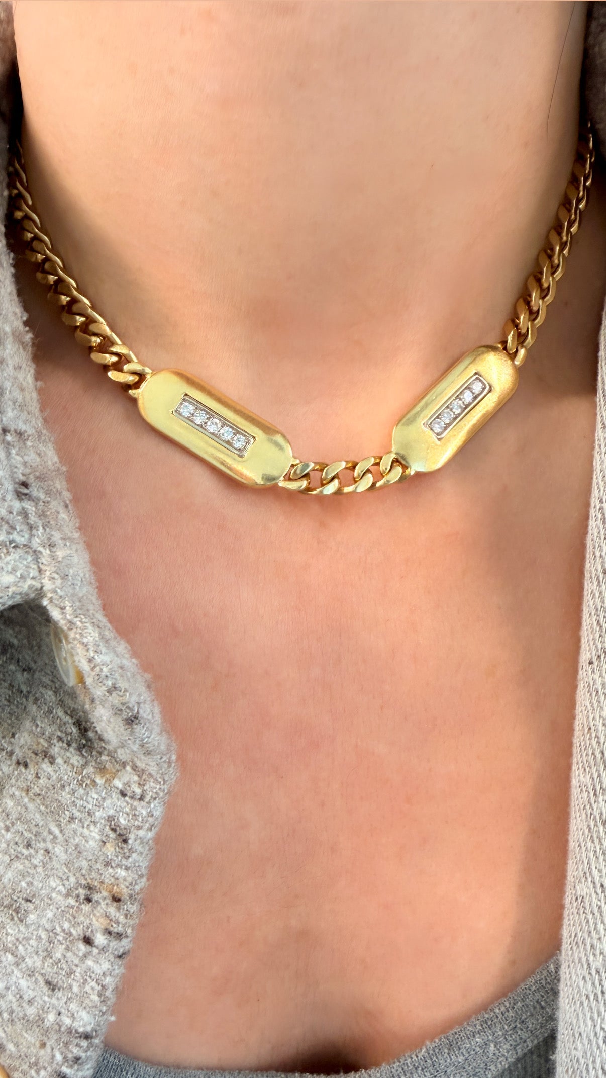 Vintage yellow 18K Chimento designer diamond bars curb chain, 15 inch