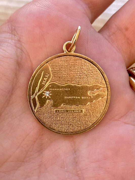 Vintage yellow 14K gold Long Island medallion with diamond pendant