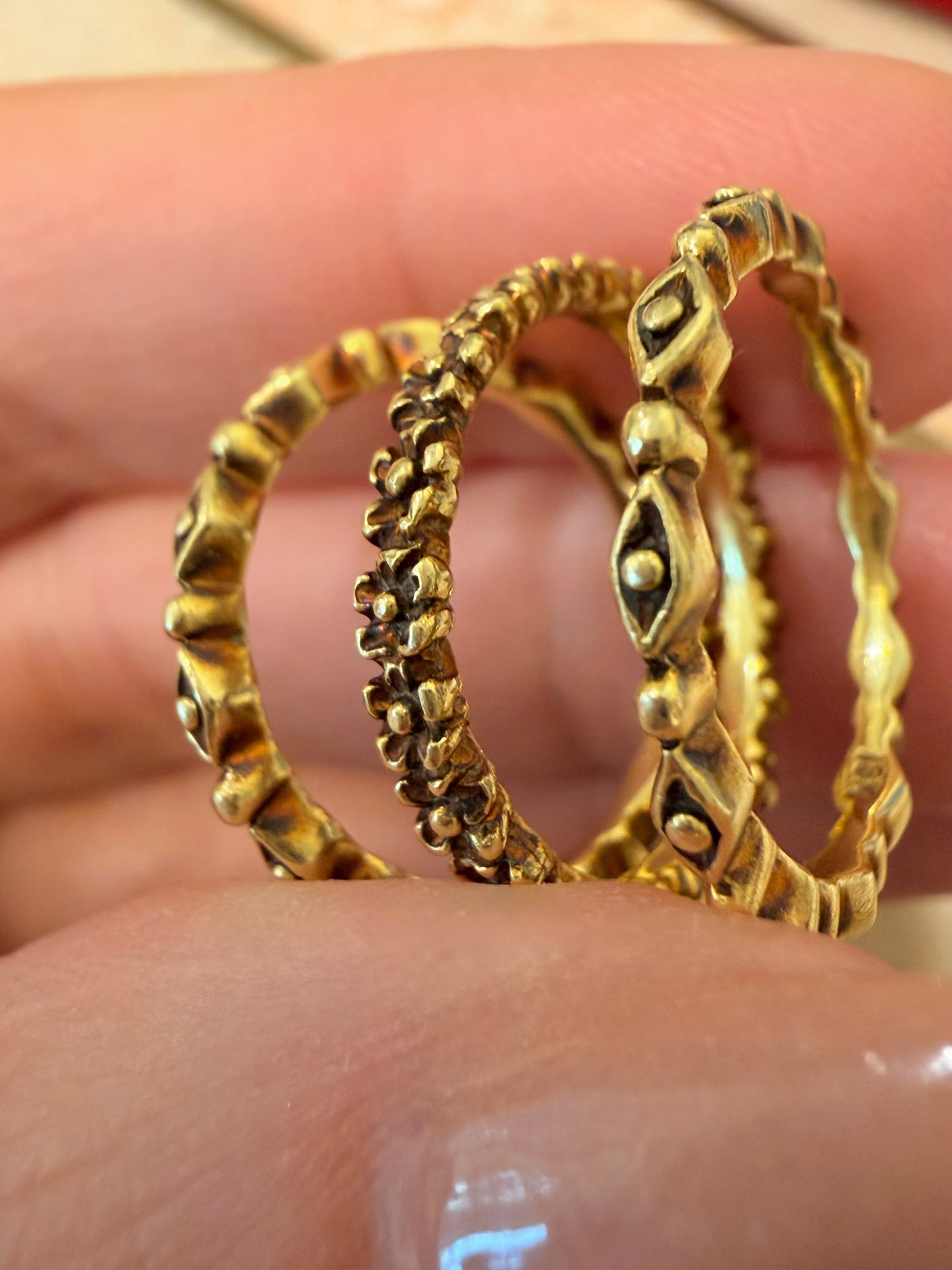 Vintage yellow 18K patterned eternity bands