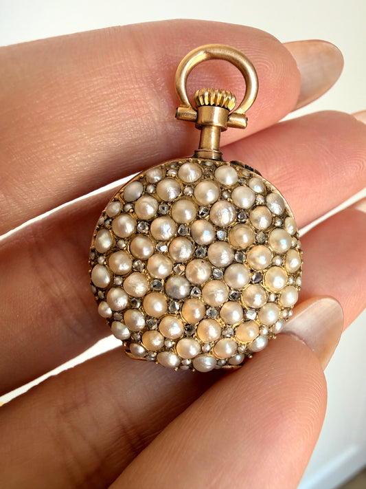 Antique yellow 18K pearl and rose cut diamond ladies pocket watch case