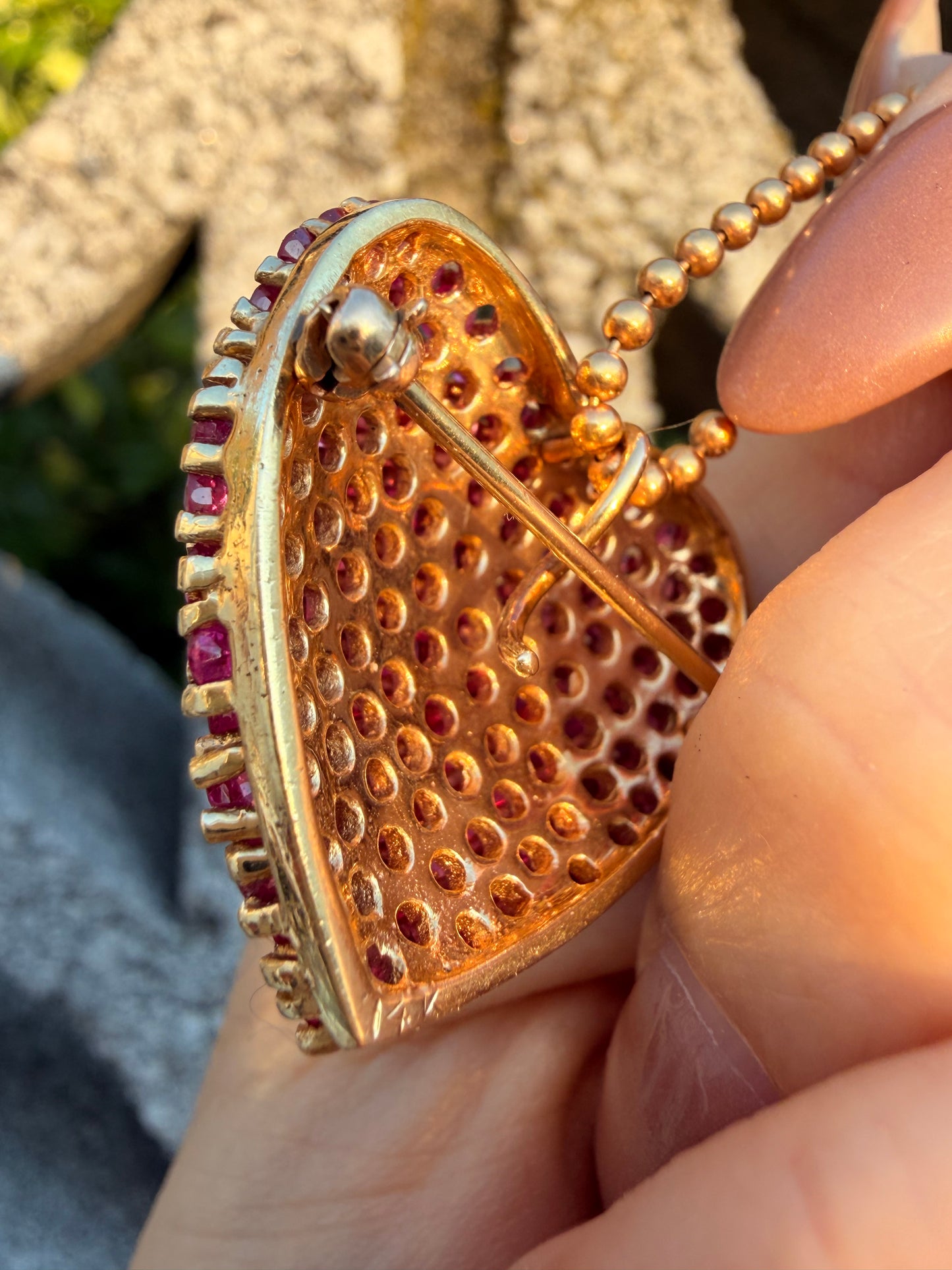 Vintage yellow 14K over 7ctw natural ruby heart pendant/brooch