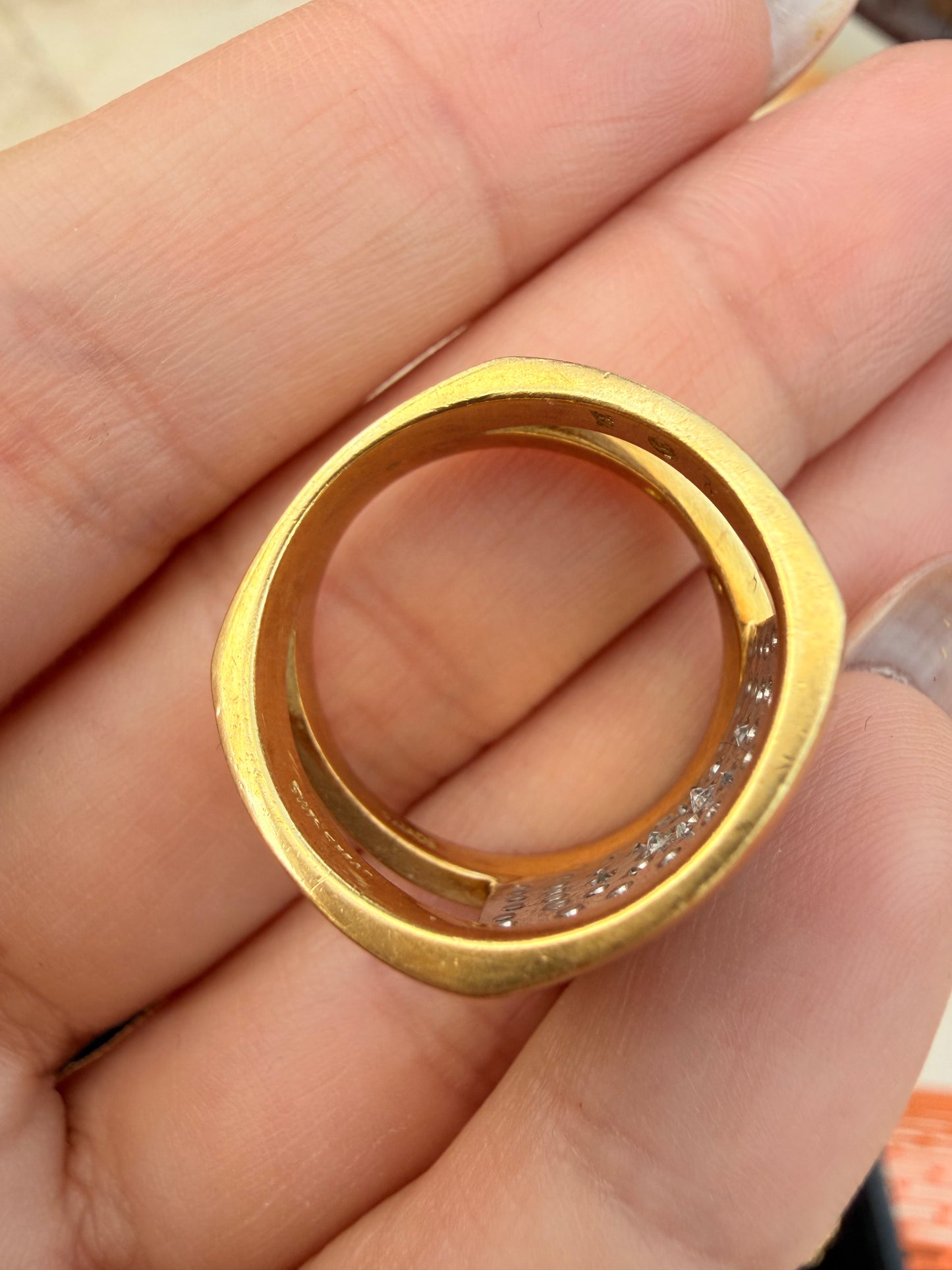 Vintage yellow and white 18K approx .5ctw diamond angled ring, size 7-7.25