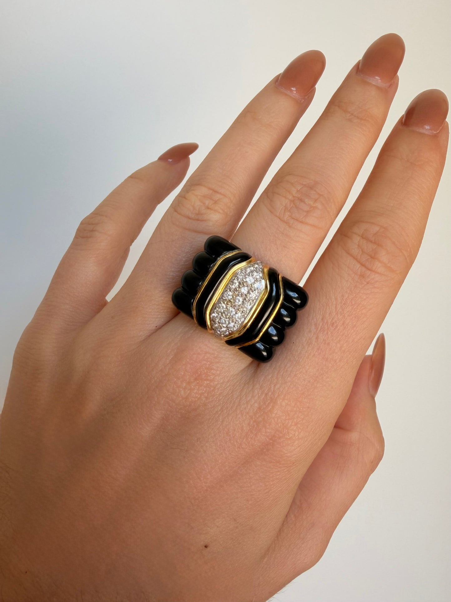 Vintage yellow 18K gold circa 1970s onyx and .23 ctw diamond statement ring, size 6.5