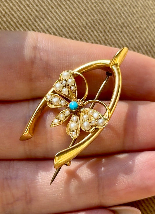 Vintage yellow 15K gold wishbone with pearl and turquoise butterfly pin